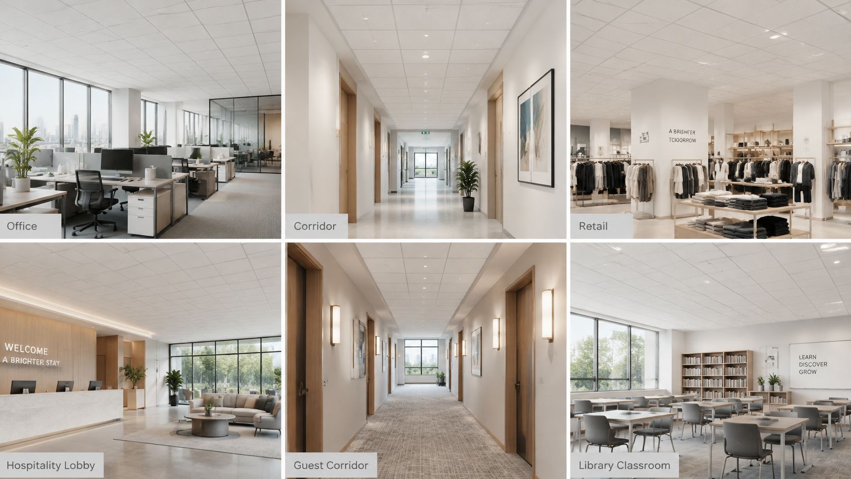 A collage of six commercial interiors showcasing diverse ceiling tile applications in office, retail, and hospitality environments.