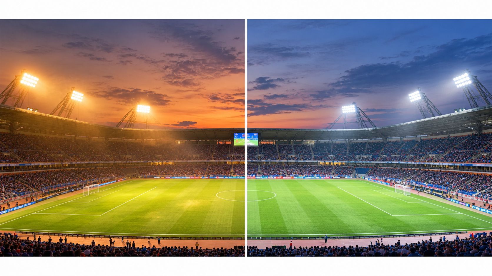 A split image showing a soccer stadium at sunset with warm orange lighting versus cool blue twilight.