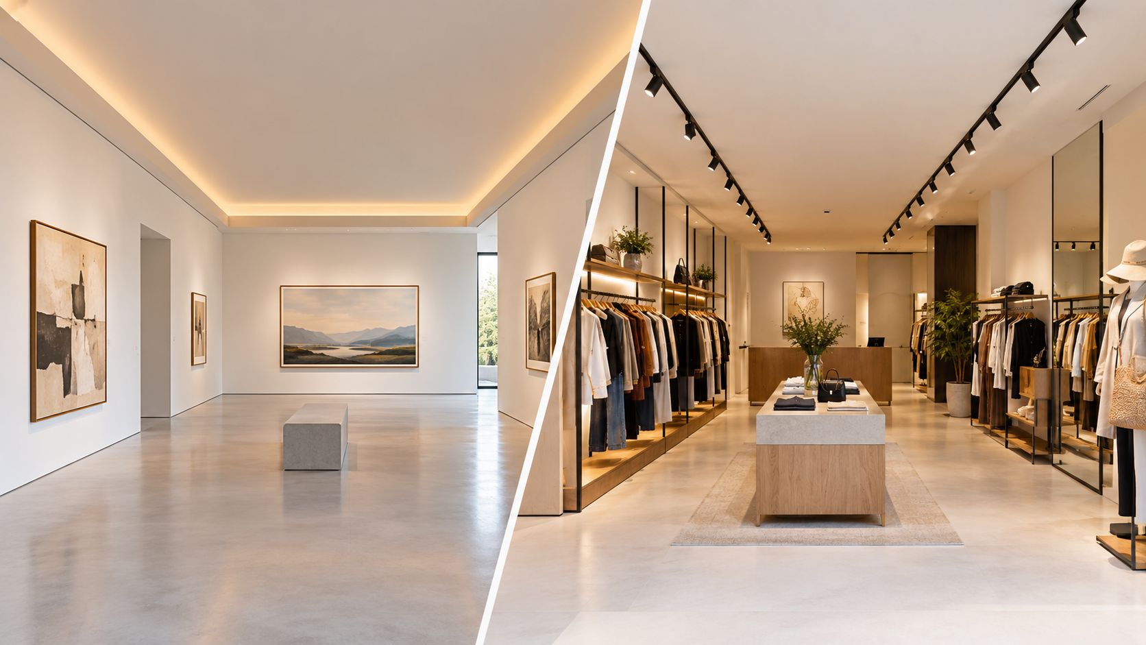 A split view showing a minimalist art gallery on the left and a modern boutique on the right.