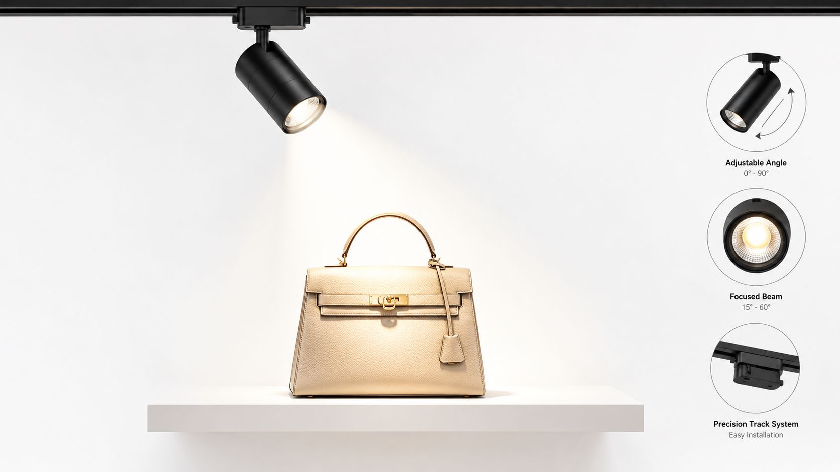 A modern black track spotlight illuminating a high-end beige luxury handbag on a simple white display shelf.