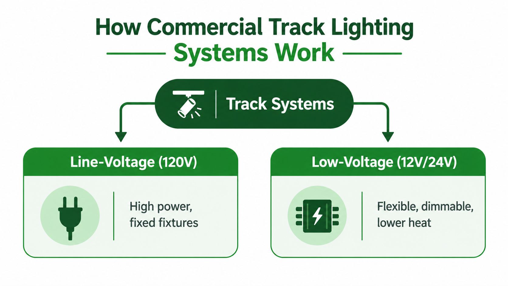 A diagram comparing line-voltage and low-voltage commercial track lighting systems, detailing their key features and voltage levels.
