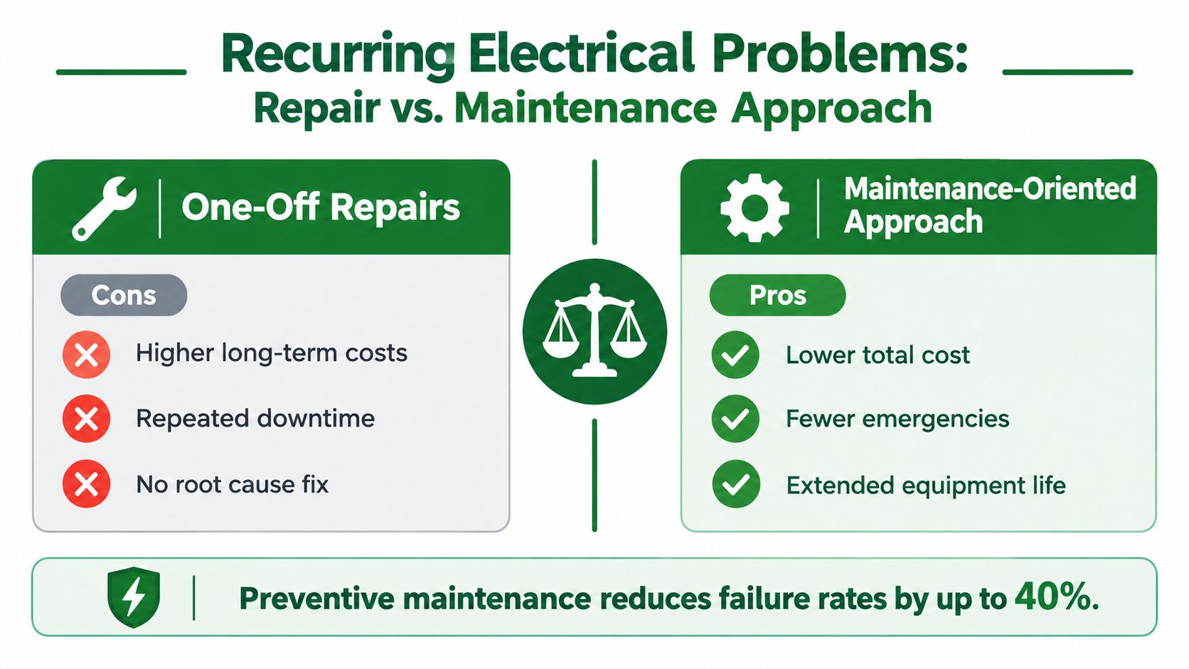 A comparison infographic showing the benefits of a maintenance-oriented approach versus the downsides of one-off electrical repairs.