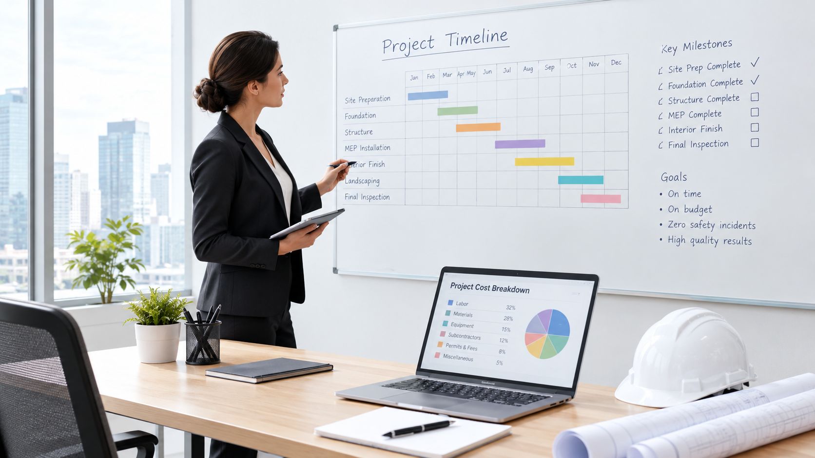 A professional woman in a suit reviewing a project timeline on a whiteboard in an office.