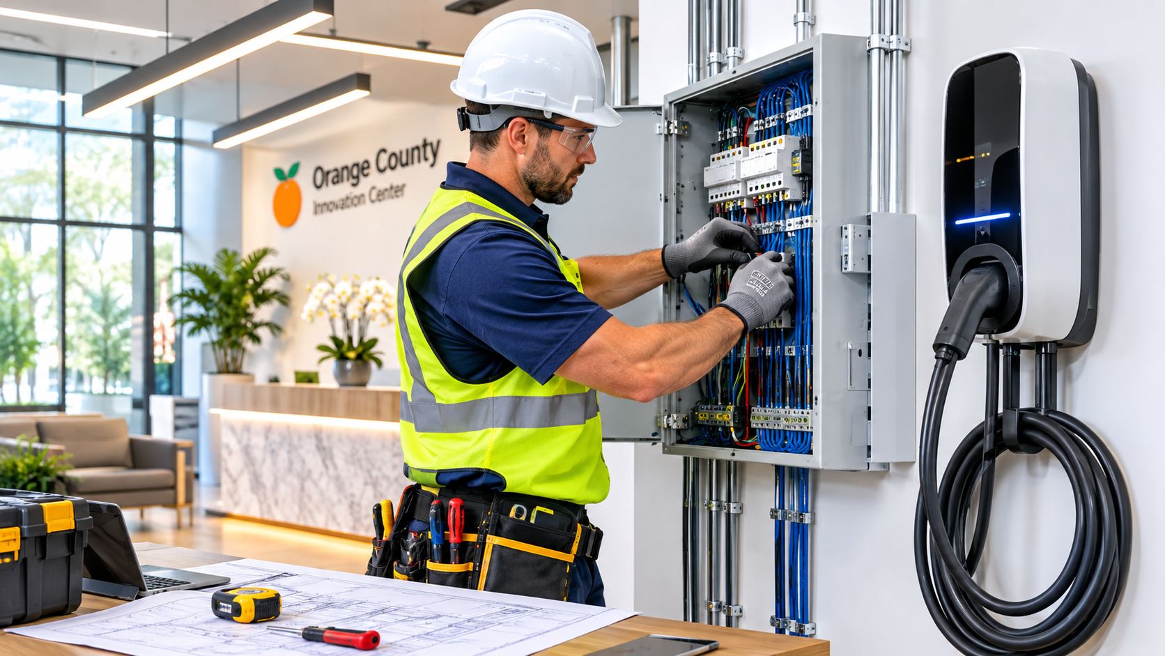 A professional electrician wearing protective gear installing and maintaining electrical wiring in a modern office facility.