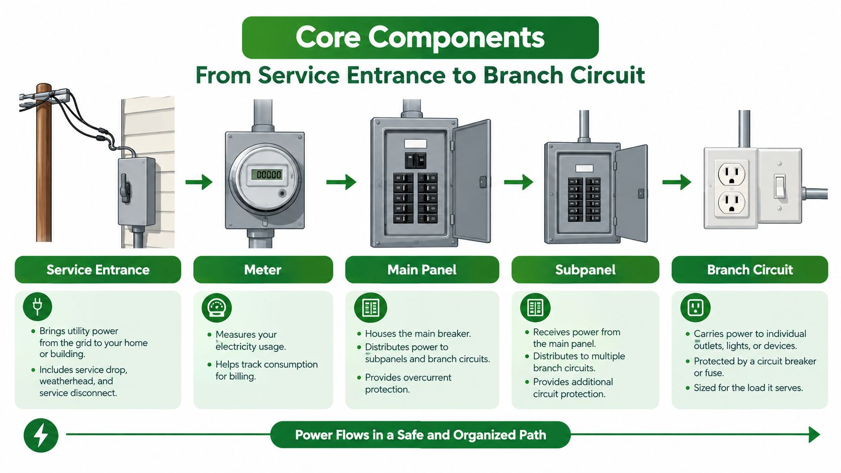 A diagram illustrating the flow of electrical power from the utility service entrance to home branch circuits.