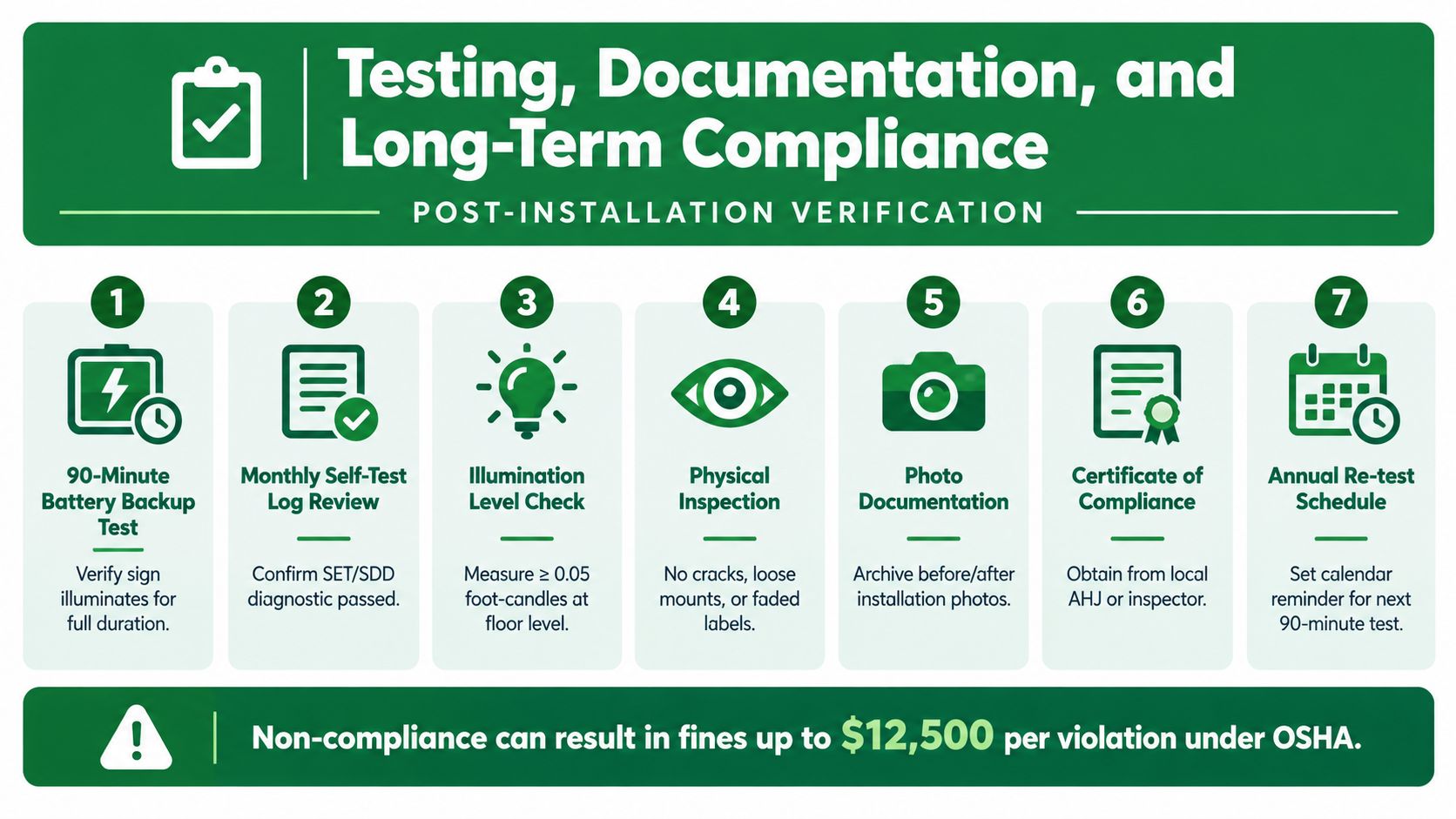 An infographic detailing the seven steps for testing, documentation, and long-term compliance of emergency exit signs.