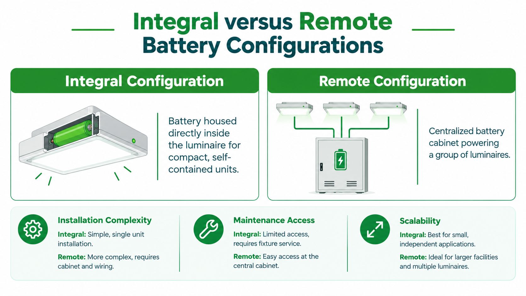 An infographic comparing integral and remote battery configurations for emergency lighting systems in commercial buildings.
