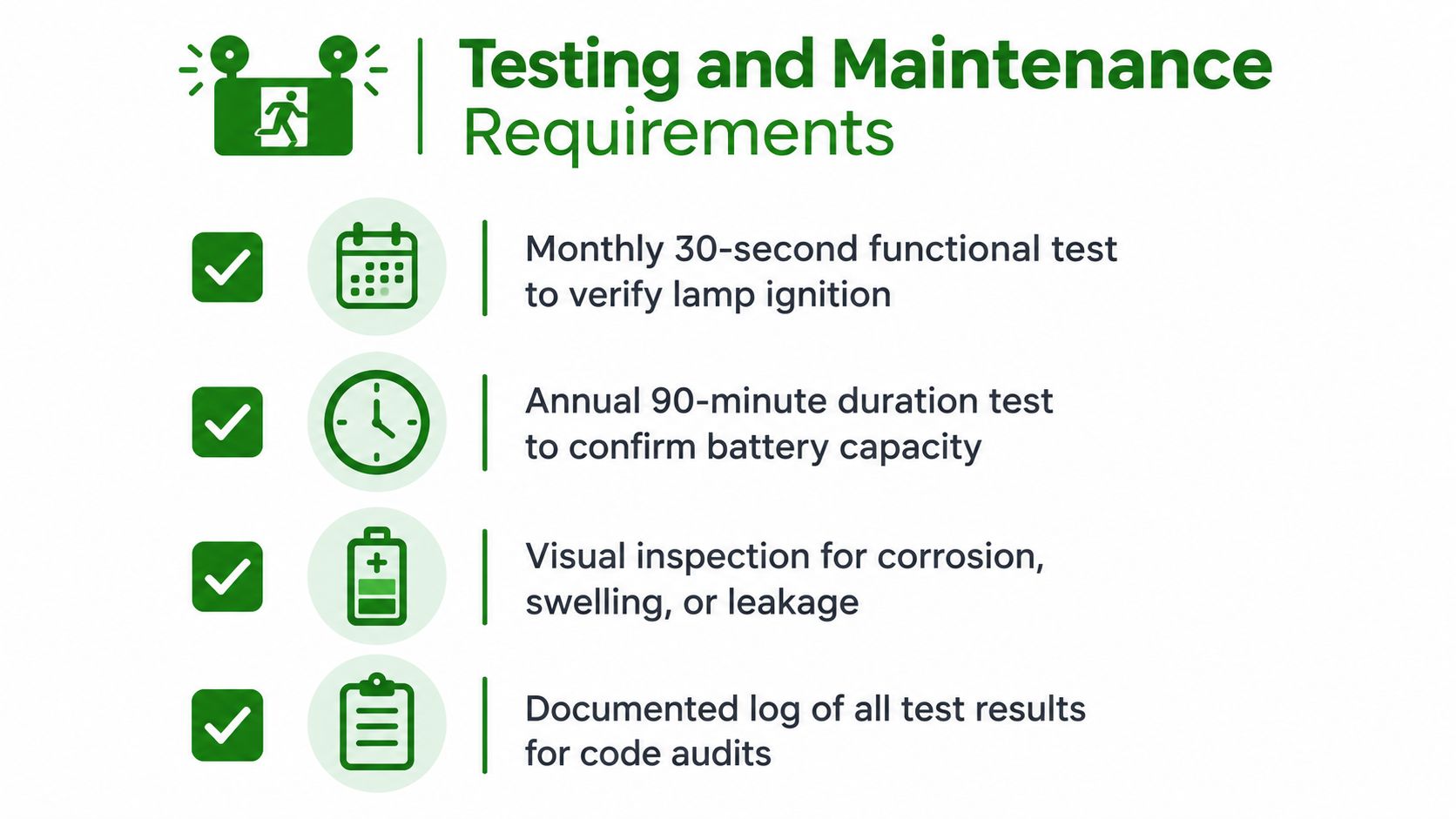 A list of safety testing and maintenance requirements for emergency exit lighting systems displayed on a graphic.