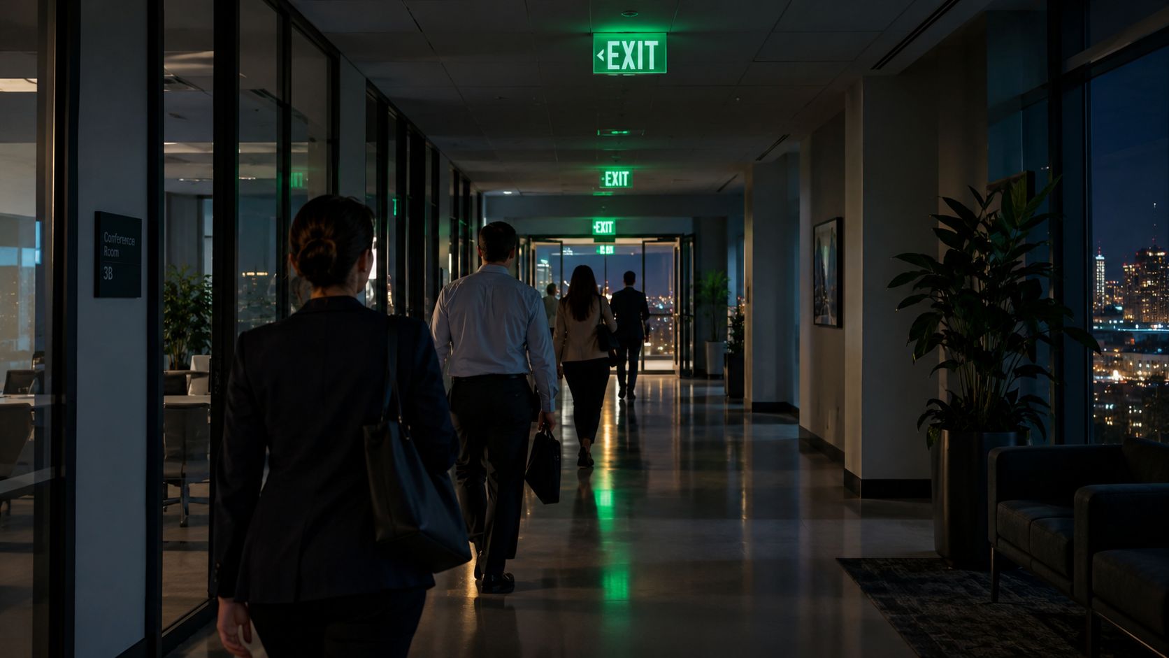 Professionals walking down a dimly lit modern office hallway toward a glowing green exit sign at night.