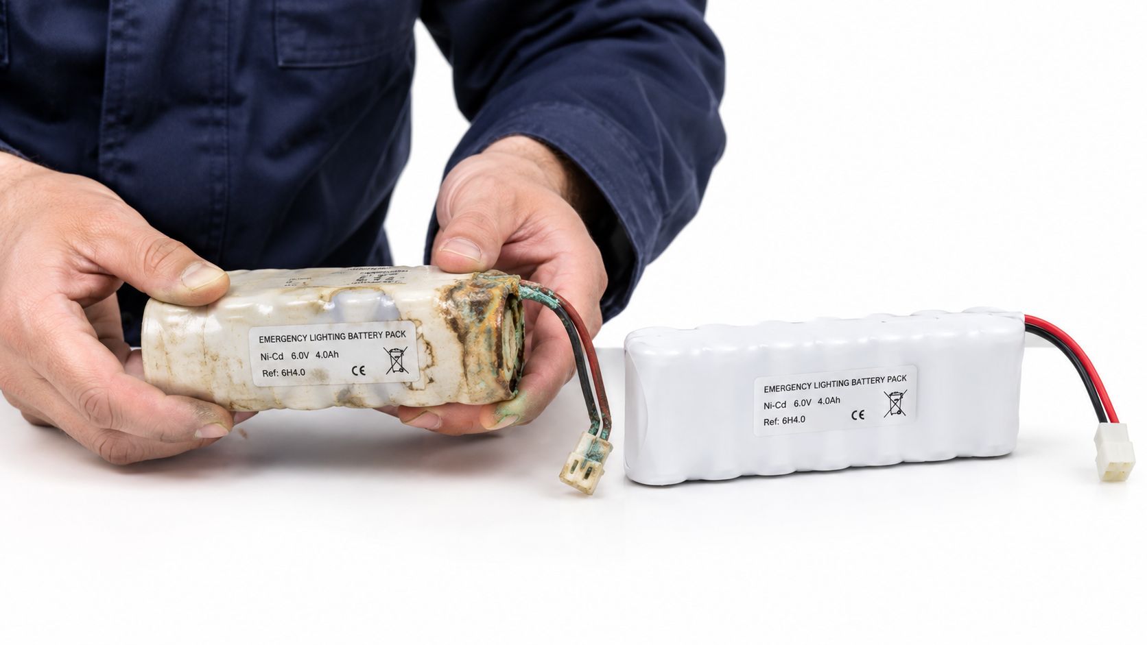 A person holding a damaged emergency lighting battery pack next to a brand new replacement pack.