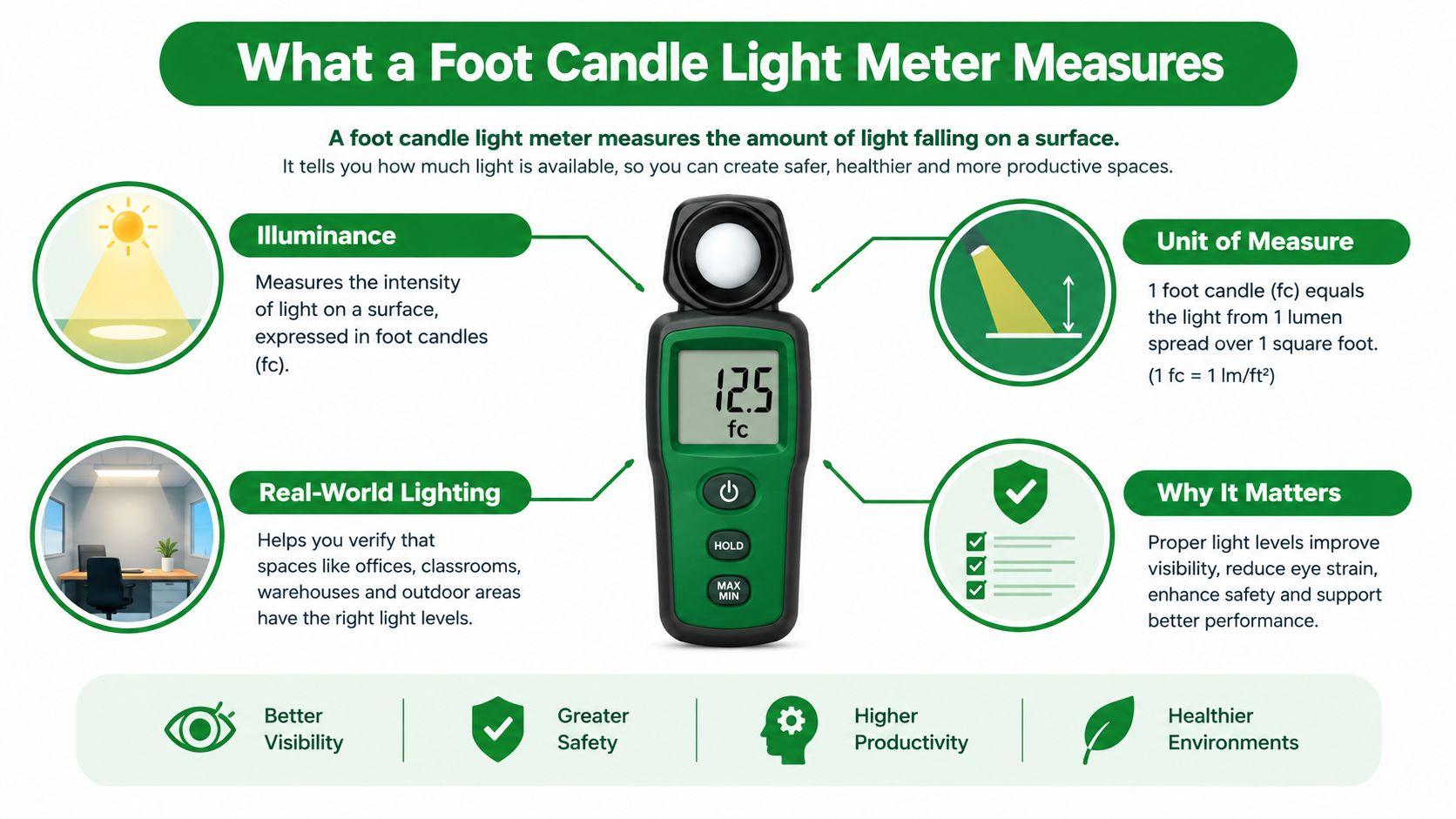 An infographic explaining how a foot candle light meter measures illuminance and why proper lighting levels are important.