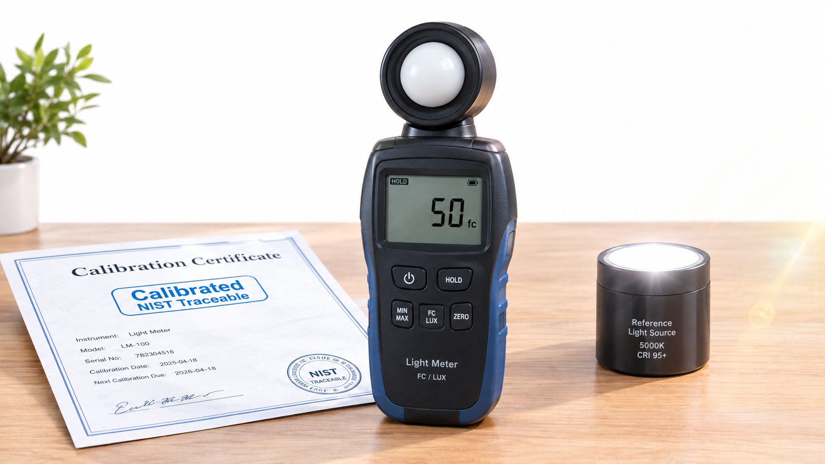 A digital light meter displays 50 foot-candles next to a calibration certificate and a reference light source.