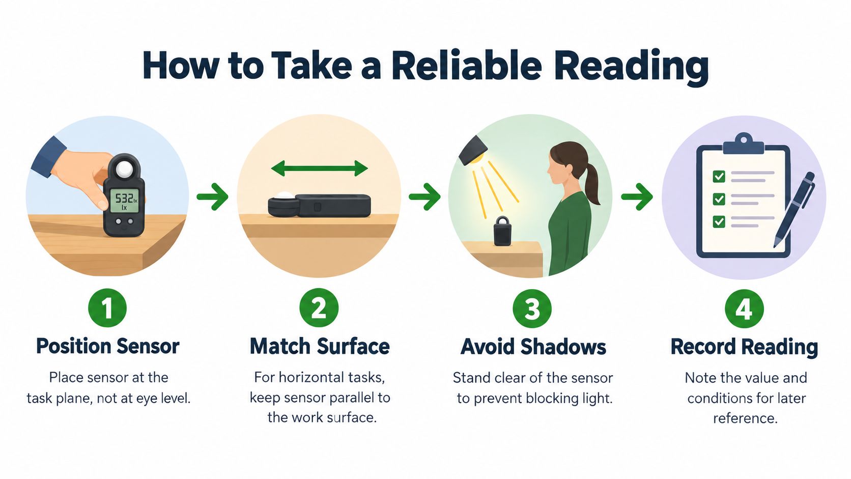 An infographic illustrating four steps to take a reliable light reading using a professional light meter.