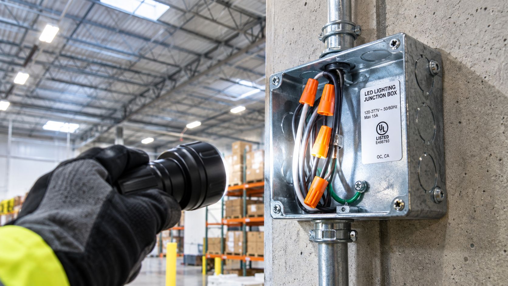A gloved hand holds a flashlight illuminating the wiring inside an open electrical LED lighting junction box.