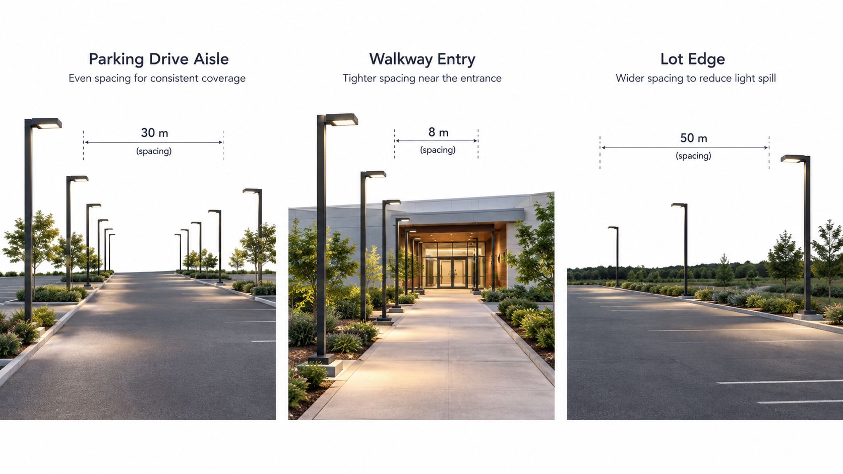 A diagram illustrating optimal LED lighting spacing guidelines for parking drive aisles, walkway entries, and lot edges.