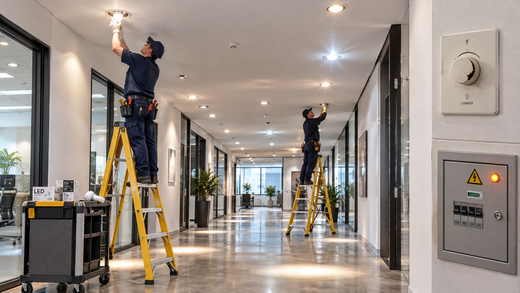Two technicians in blue uniforms using ladders to perform an LED replacement for halogen bulbs in an office.