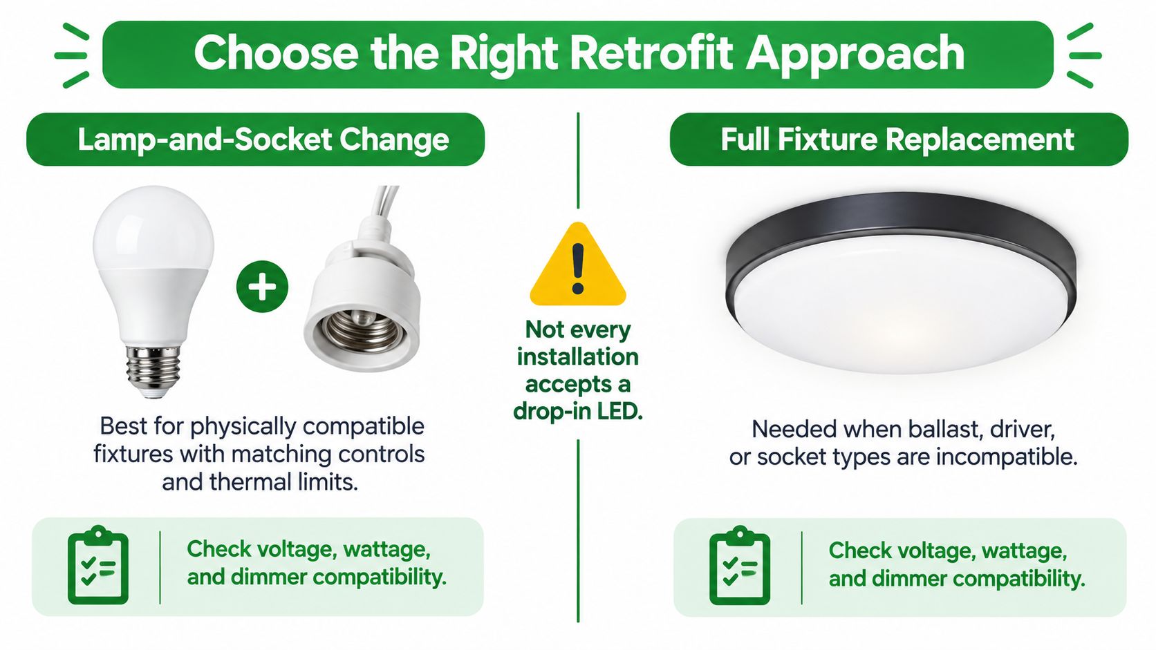 A comparison guide for choosing between a lamp-and-socket change or a full fixture replacement for lighting.