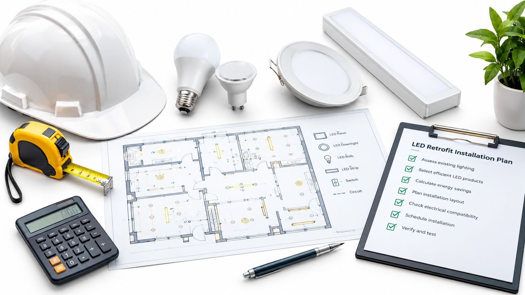A professional construction workspace layout with lighting fixtures, blueprints, a calculator, and an LED retrofit installation checklist.