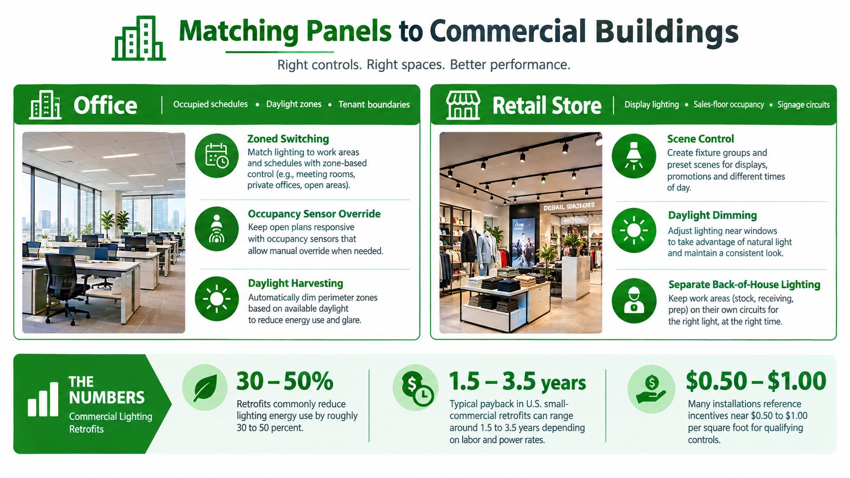 An infographic detailing lighting control strategies for commercial office and retail spaces, including energy saving performance statistics.
