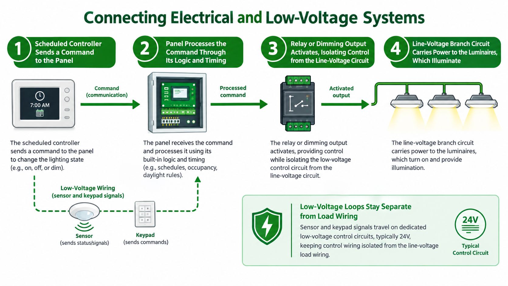 A diagram illustrating the four-step process for connecting electrical and low-voltage lighting control systems in a building.