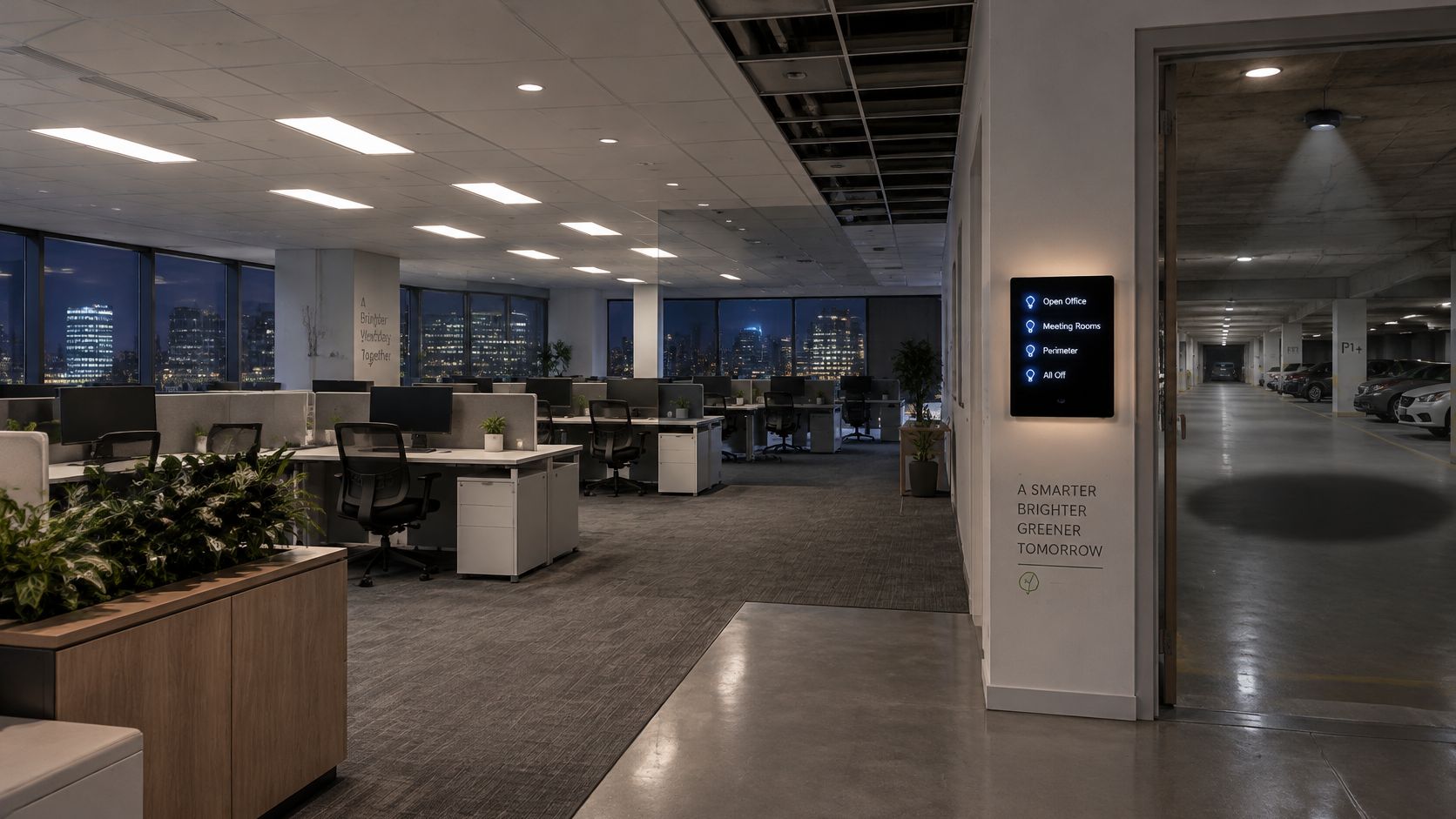 A sleek lighting control panel mounted on a wall in a modern office looking into a parking garage.