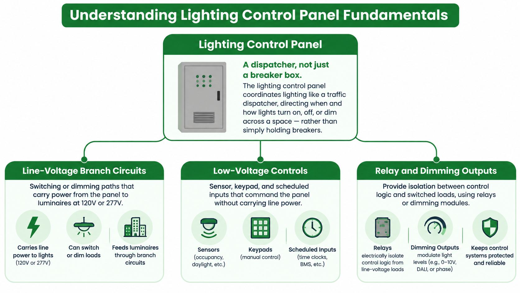 An infographic titled Understanding Lighting Control Panel Fundamentals explaining its components, including line-voltage circuits, low-voltage controls, and outputs.