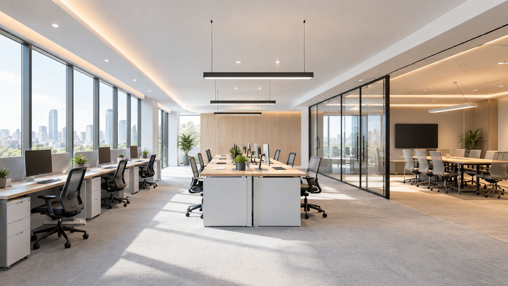 A bright, modern open-plan office space featuring organized workstations with ergonomic chairs and ambient ceiling lighting systems.