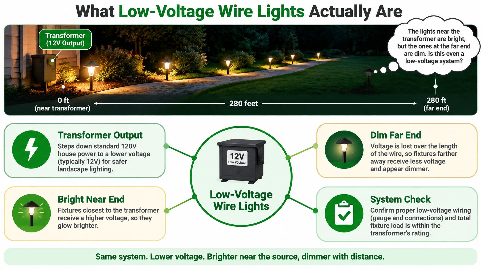 An infographic explaining how low-voltage landscape lighting works, including transformer voltage drops and distance-related dimming effects.