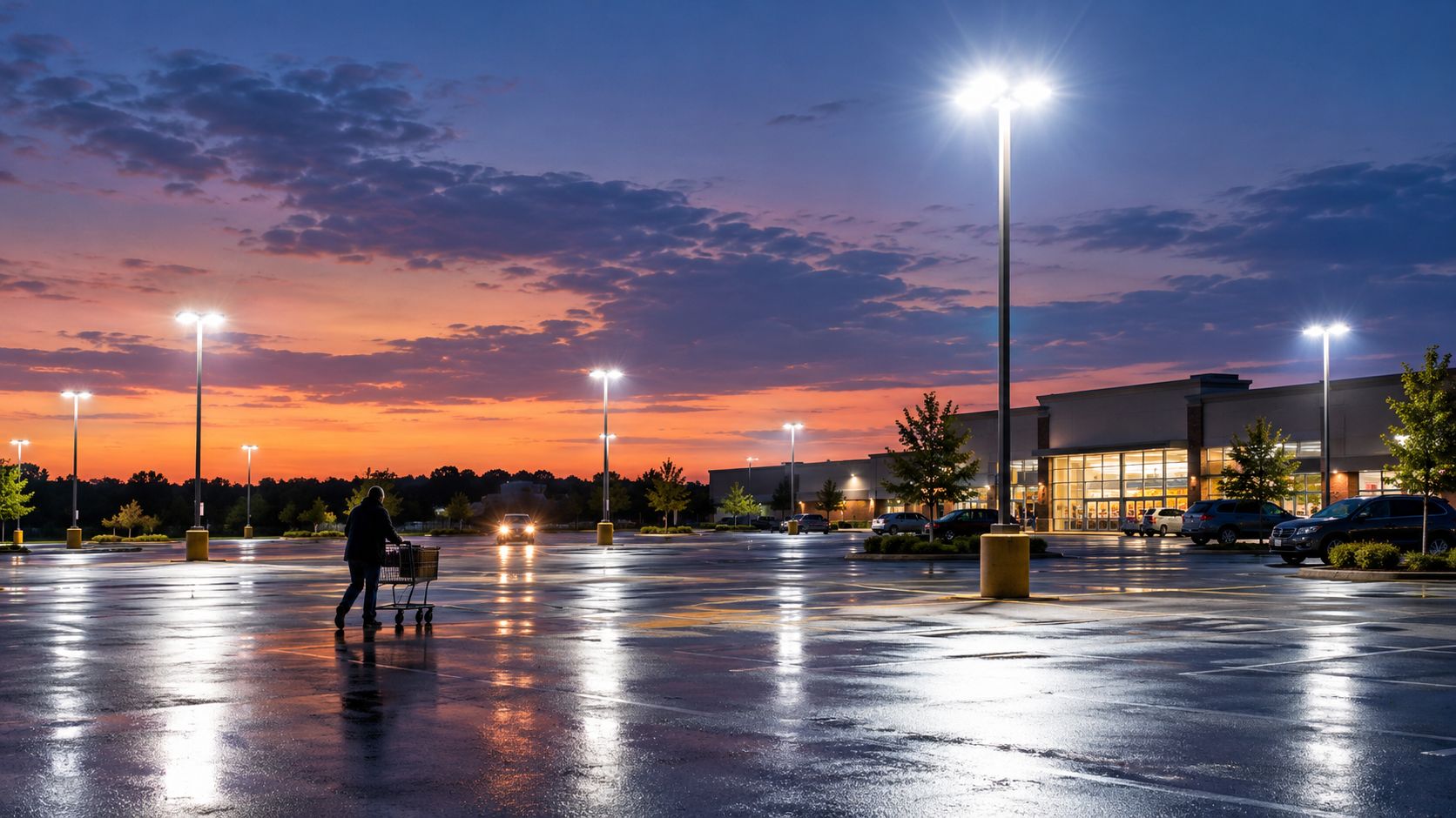 A person walking with a shopping cart through a wet, reflective parking lot at sunset with bright lights.