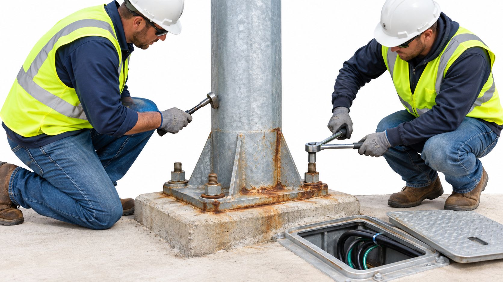 Two construction workers in safety gear repair a metal pole base in a parking lot setting.