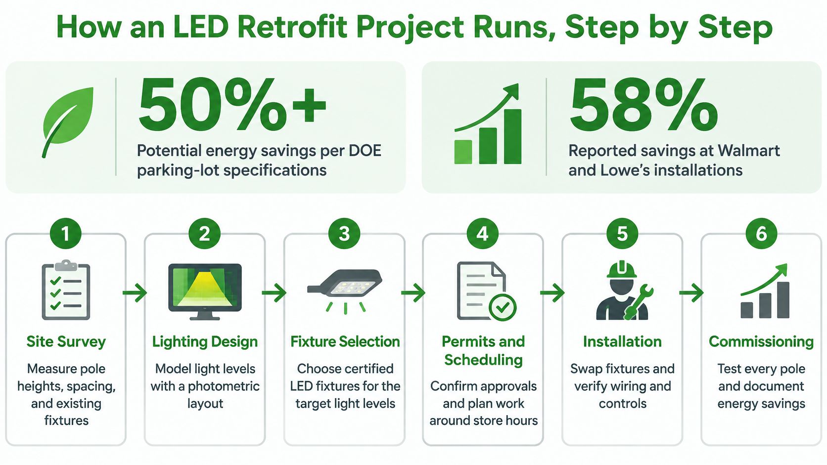 A step-by-step infographic illustrating the process of an LED retrofit project for parking lot lighting systems.