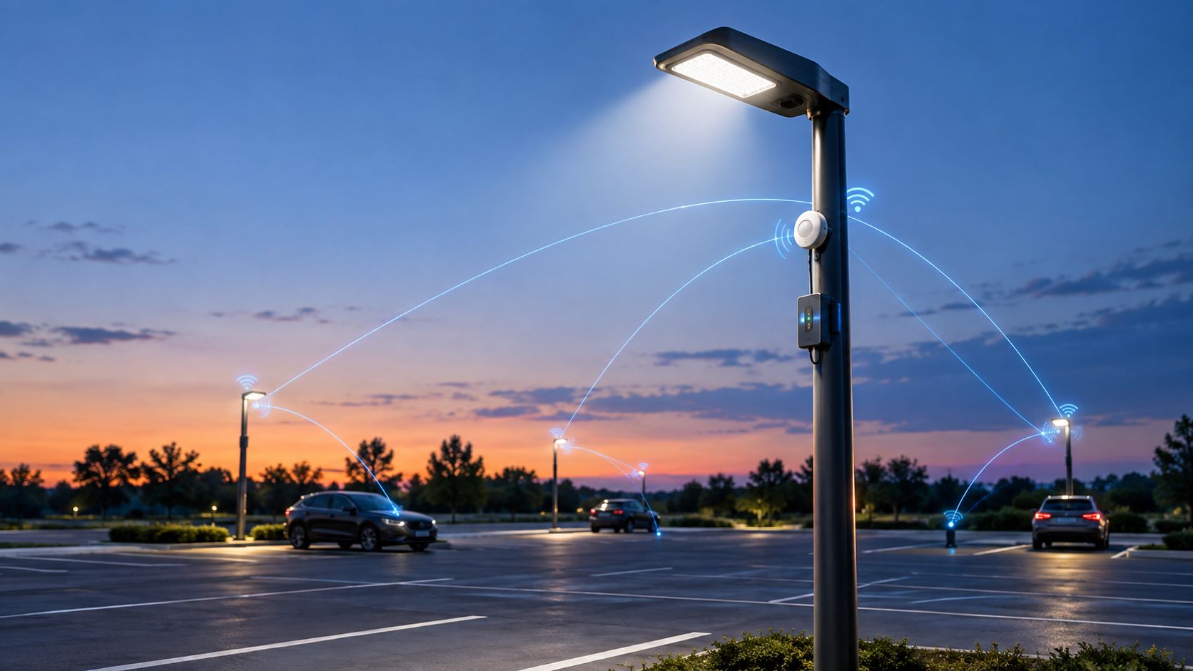 A modern parking lot at sunset featuring smart connected streetlights with wireless data network communication lines.