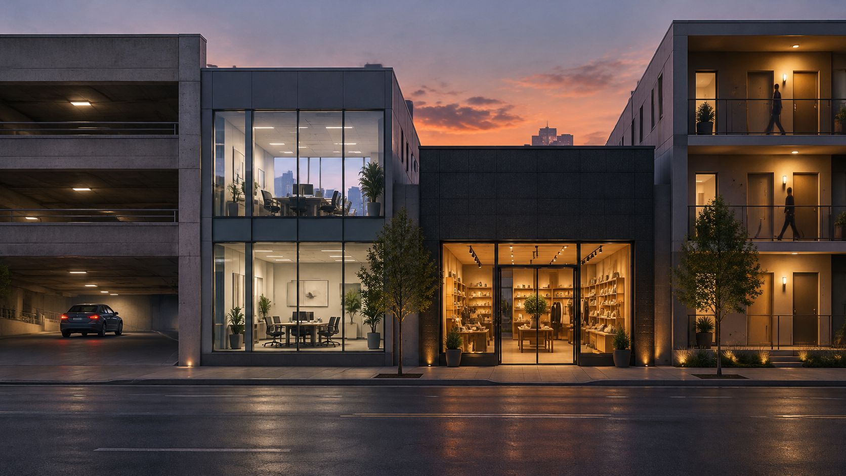 A modern commercial building featuring office spaces, a retail shop, and a parking garage at dusk.