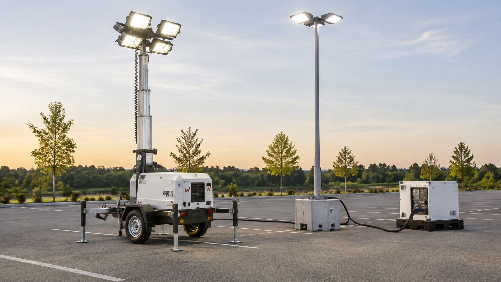 A mobile light tower and a generator illuminating a large, empty asphalt parking lot at sunset.