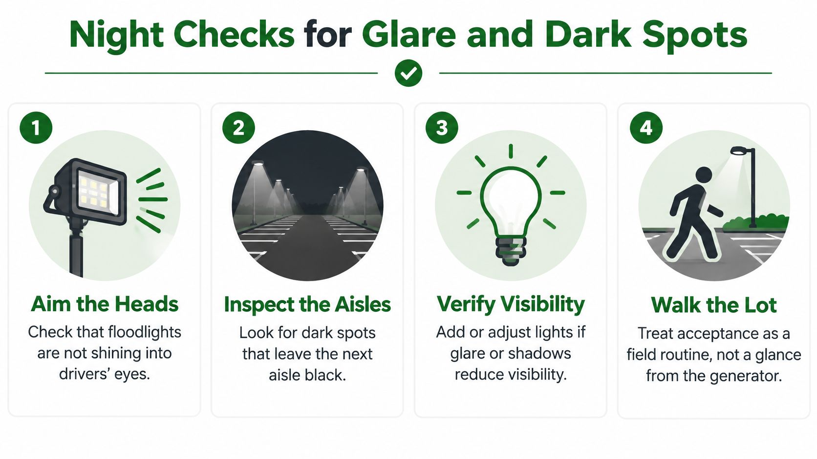 An infographic showing four steps for ensuring proper night visibility in a parking lot environment.
