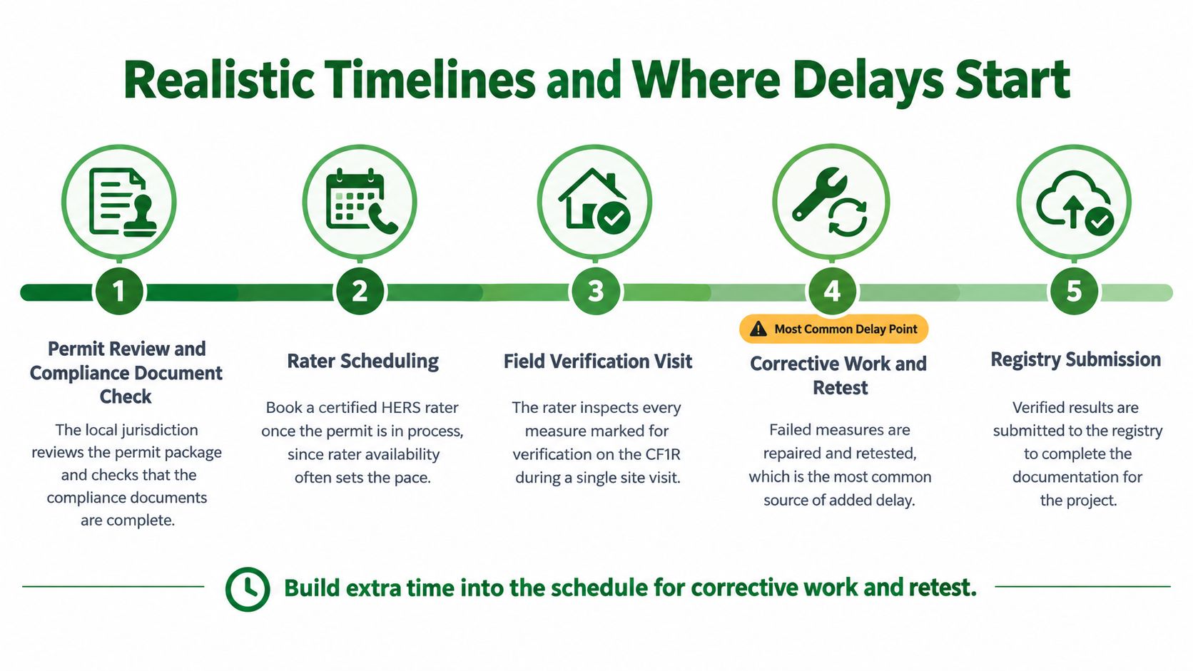 A five-step infographic showing realistic timelines for HERS testing and where project delays often occur.
