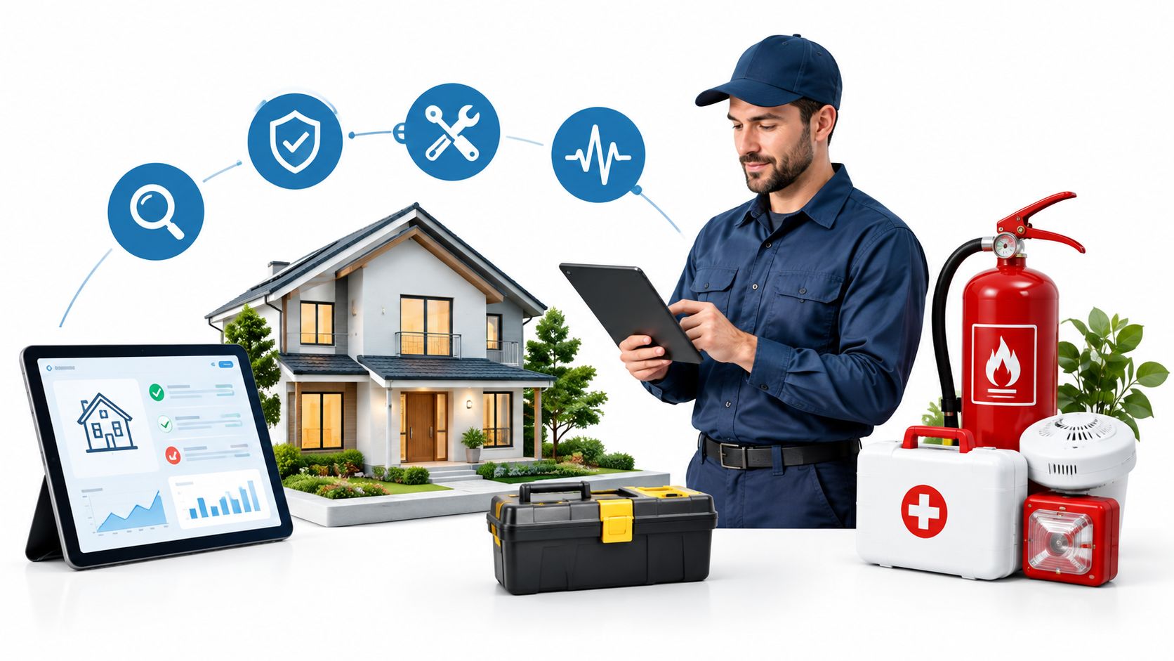 A professional technician using a tablet to manage home maintenance services, safety equipment, and monitoring tools.