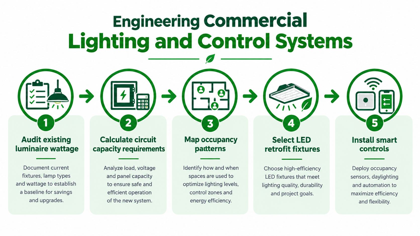 A five-step infographic showing the engineering process for commercial lighting and control systems installation.